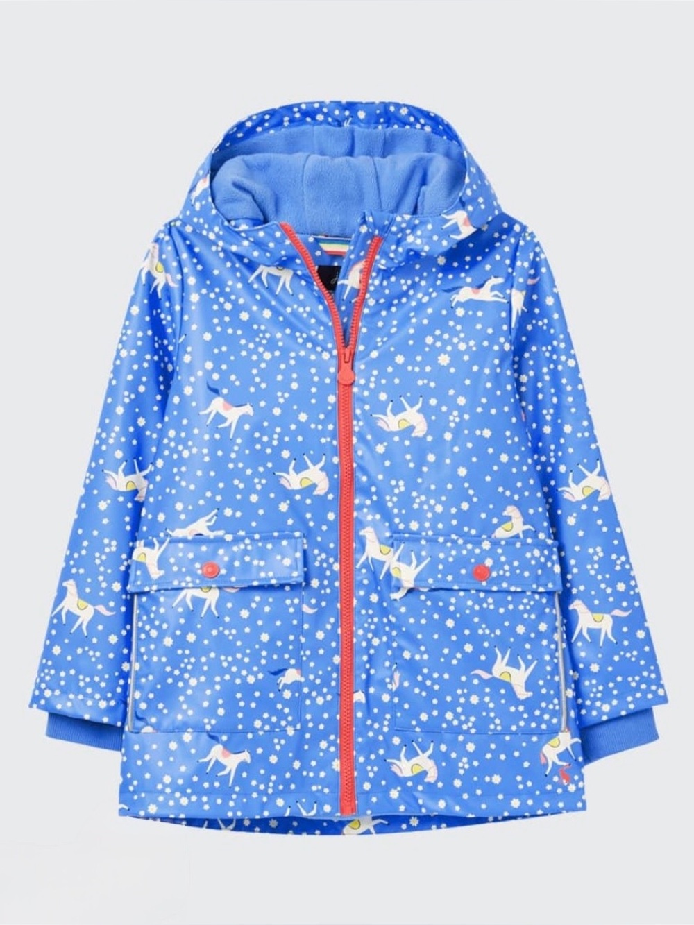 VGUC Joules Big Girls Raindance Fleece Lined Coat in Blue Floral Horse Print 12